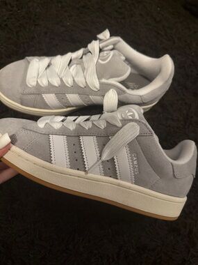 adidas Campus Suede Sneakers in Gray & White with Gum Sole